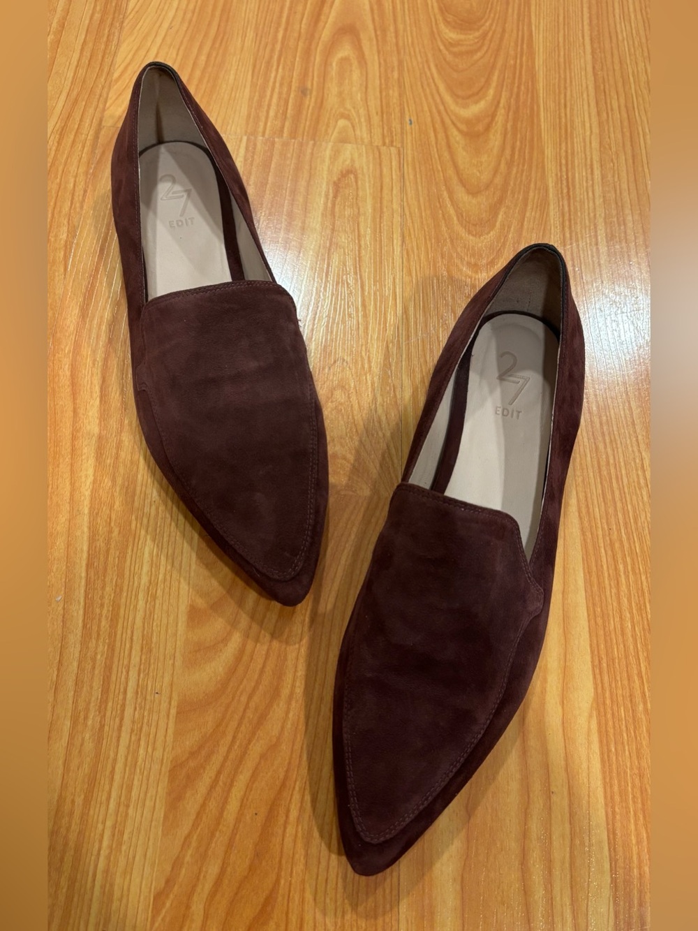 27 Edit Red Burgundy Suede Slip On Almond Point Toe Hannah Loafer Flats Size 9.5